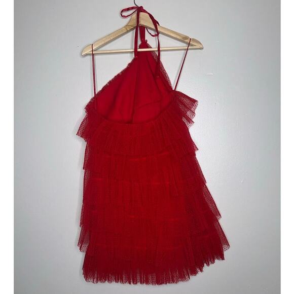 Alexis Raina Tiered Ruffled-Tulle Halter Mini Dress Cherry Red Size Medium - Picture 8 of 9
